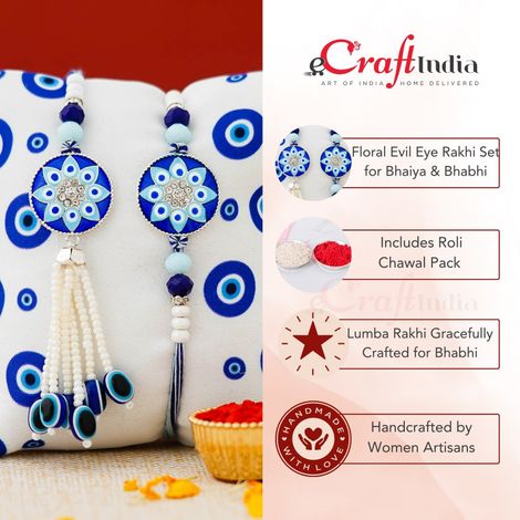 Bhaiya Bhabhi Floral Evil Eye Designer Lumba Rakhis for Bhaiya and Bhabhi (eCraftIndia) Set of 2
