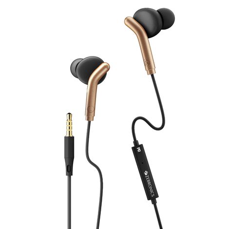 Zebronics Bro in Ear Wired Earphones with Mic, 3.5mm Audio Jack, 10mm Drivers, Phone/Tablet Compatible - Black & Gold