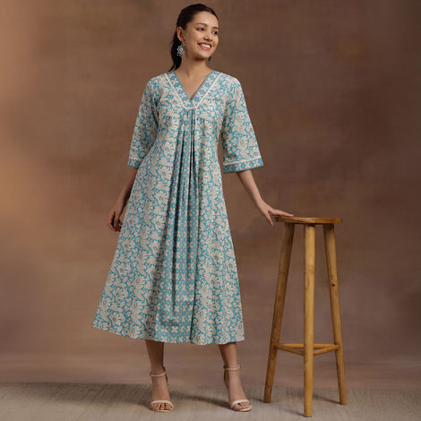Libas Women's Floral Printed Panelled A-Line Dress with Pleated Style And Pocket | 29115O | Blue - M