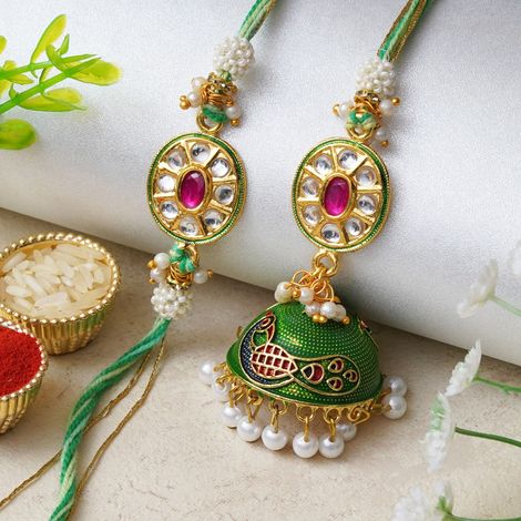 Bhaiya Bhabhi Kundan, Pearl Peacock Designer Rakhi for Brother and Bhabhi & Roli Chawal Pack (eCraftIndia) Set of 2