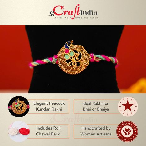 Kundan Peacock Kundan Rakhi for Bhai and Bhaiya with Roli Chawal Pack (eCraftIndia)