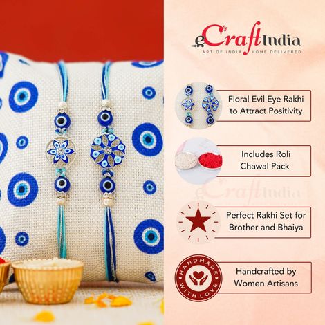 Peacock Floral Evil Eye Rakhi for Brother | Designer Rakhi Set with Roli Chawal Pack (eCraftIndia) Set of 2