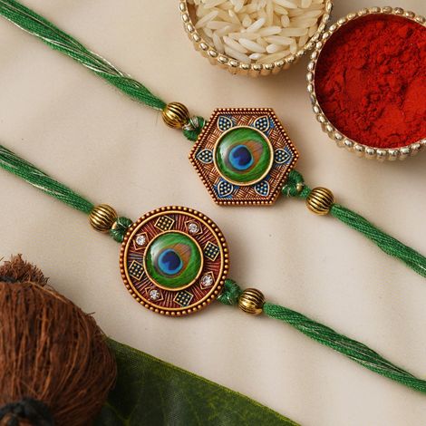 Peacock Feather Designer Rakhis for Brothers & Roli Chawal Pack (eCraftIndia) Set of 2
