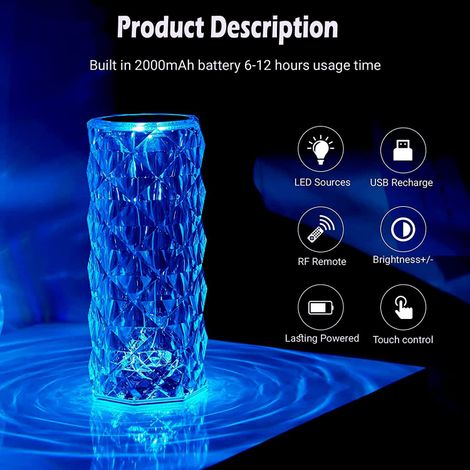 DesiDiya Crystal Lamp,16 Color Changing Rose Diamond Table Lamp, USB Rechargeable Led Strip Lighting Touch Bedside Night Light with Remote Control
