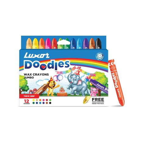Luxor Doodles Jumbo Wax Crayons| 12 Assorted Shades| 1 Free Gold Crayon | Best For Young Artists