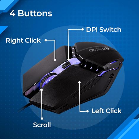 Zebronics Phero Wired Gaming Mouse With Up to 1600 DPI, LED Lights, DPI Switch, High Precision,4 Buttons - Black