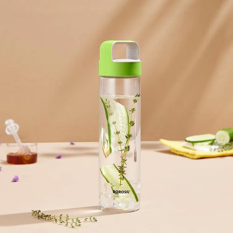 Borosil Borosilicate Neo Glass Water Bottle with Green Lid | Transparent - 550 ml