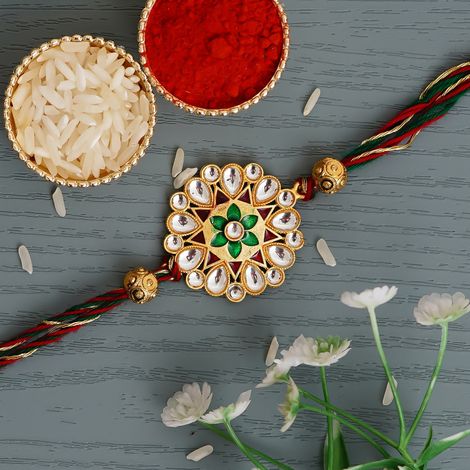 Floral Multicolor Designer Kundan Rakhi for Brother with Roli Chawal Pack (eCraftIndia)