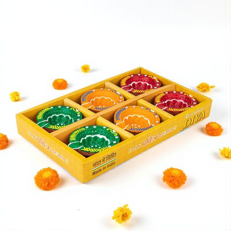 Alpha Decorative Diya | Multicolour | Floral | Designer Clay Diya | Pack Of 6 | Tota