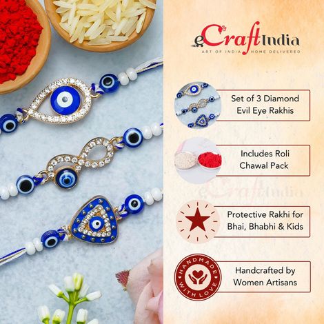 Evil Eye Diamond Rakhis with Roli Chawal Pack | For Brother Bhaiya Bhai Bhabhi Kids (eCraftIndia) Rakhi Set of 3