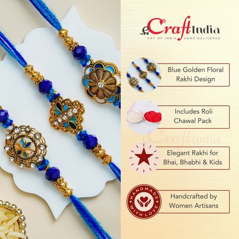 Floral Blue Golden Designer Rakhi for Bhaiya, Bhai, Bhabhi and Kids with Roli Chawal Pack (eCraftIndia) Set of 3