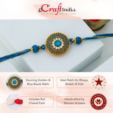 Stone Golden Blue Beads Diamond Designer Raksha Bandhan Rakhi for Bhaiya, Bhabhi, Bhai, and Kids | Roli Chawal Pack (eCraftIndia)