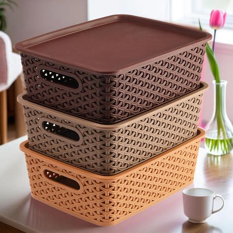 Kuber Industries Plastic Pack of 3 Medium Multipurpose Solitaire Storage Basket with Lid|Assorted