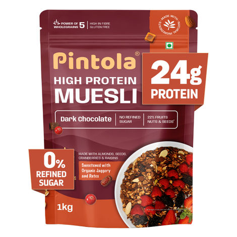 Pintola High Protein Muesli Dark Chocolate & Cranberry, 22G Protein, High Fibre, Trans Fat Free