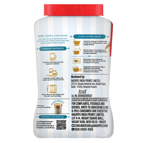 Bagrry's Rolled Oats Jar High Fibre Premium Rolled Oats Protein Rich Breakfast Cereal Wholegrain Breakfast