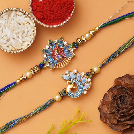 Peacock Multicolor Designer Rakhis for Brother, Bhabhi, Kids & Roli Chawal Pack (eCraftIndia) Set of 2