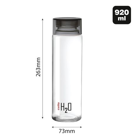 Cello Glass H2O Fridge Water Bottle with Plastic Cap | Black - 920 ml