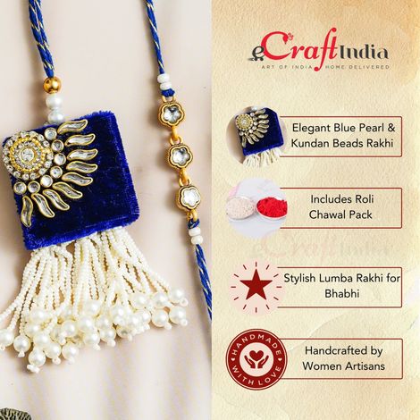 Bhaiya Bhabhi Blue Pearl Kundan Beads Designer Kundan Rakhis for Bhaiya and Bhabhi (eCraftIndia) Set of 2