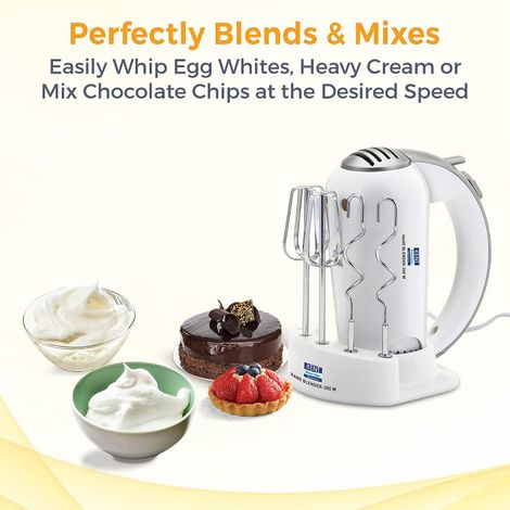 Kent 16051 Hand Blender 300 Watt, 5 Variable Speed Control, Multiple Beaters & Dough Hooks, Turbo Function, Plastic - White