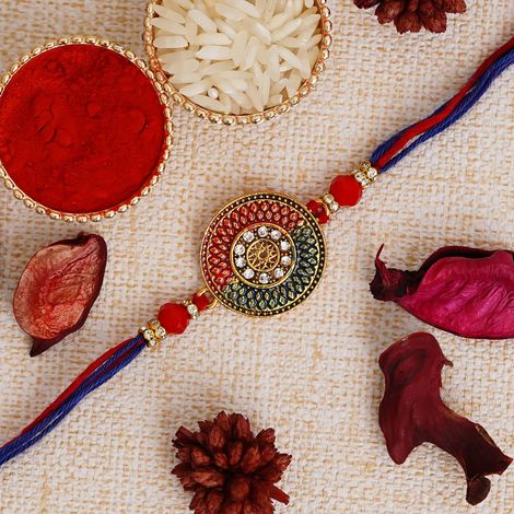 Stone Red, Blue Round Designer Rakhi for Brother & Roli Chawal Pack (eCraftIndia)