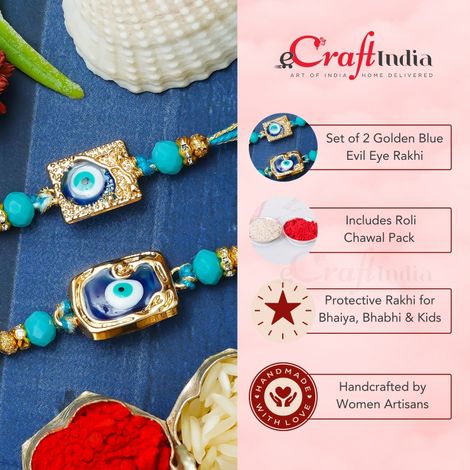 Evil Eye Golden Blue Rakhi for Bhaiya, Bhai, Bhabhi and Kids with Roli Chawal Pack (eCraftIndia) Rakhi Set of 2
