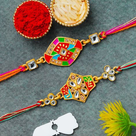 Kundan Multicolor Rakhis for Bhai, Bhaiya, Bhabhi and Kids with Roli Chawal Pack (eCraftIndia) Set of 2