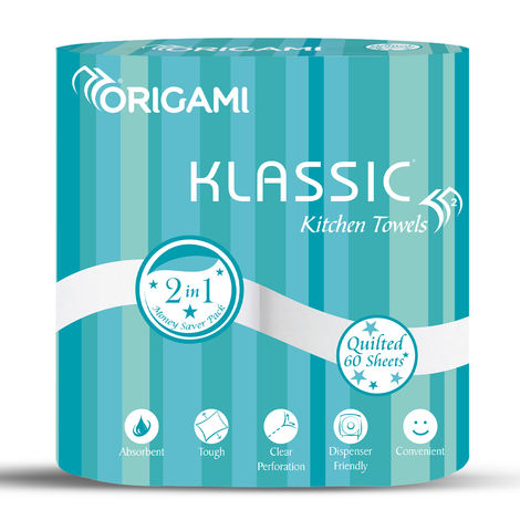 Origami Klassic 2 Ply Kitchen Towel Paper Roll - Pack Of 2 - 60 Pulls Per Roll Combo 