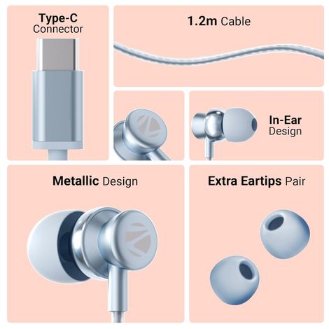 Zebronics BUDS C10 Type-C Earphone, Mic, Metallic Design, 1.2m Cable, 10mm Driver(Light Blue)