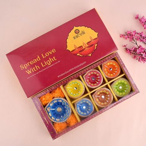 Designer Multicolor Clay Diya | 6+1 | Designer Diya | Satvik