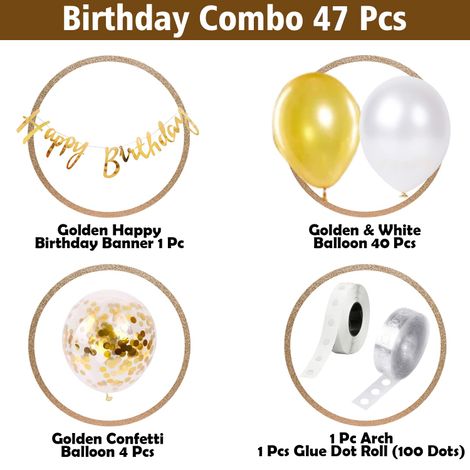 Golden Birthday Decoration Kit | Banner-Metallic Balloons-Glue Dot and More | Pack Of 47 | Party Propz