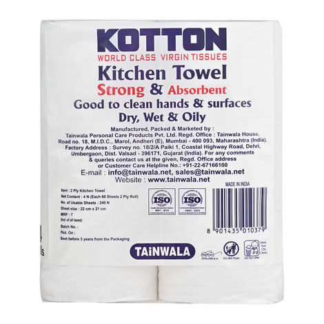 Kotton Kitchen Towel 2 Ply - 100% Virgin Pulp/Paper, 60 Pulls Per Roll