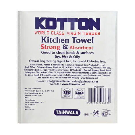 Kotton Kitchen Towel 2 Ply - 100% Virgin Pulp/Paper, 60 Pulls Per Roll