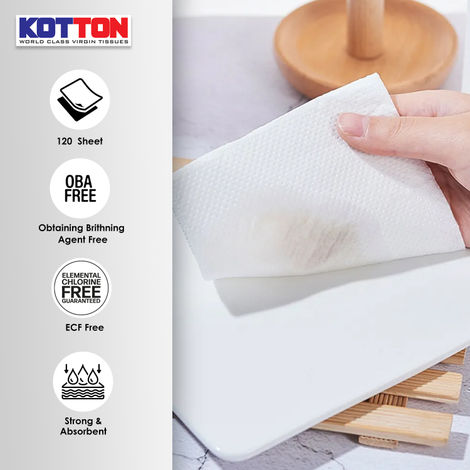 Kotton Kitchen Towel 2 Ply - 100% Virgin Pulp/Paper, 60 Pulls Per Roll