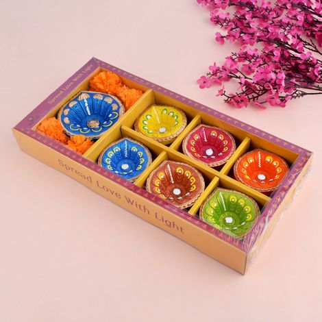 Designer Multicolor Clay Diya | 6+1 | Designer Diya | Satvik