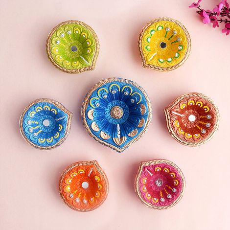 Designer Multicolor Clay Diya | 6+1 | Designer Diya | Satvik