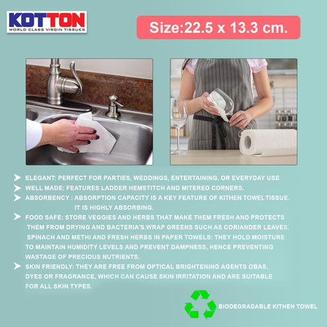 Kotton Kitchen Towel 3 Ply - 100% Virgin Pulp/Paper, 80 Pulls Per Roll