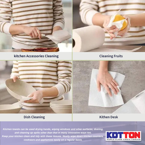 Kotton Kitchen Towel 3 Ply - 100% Virgin Pulp/Paper, 80 Pulls Per Roll
