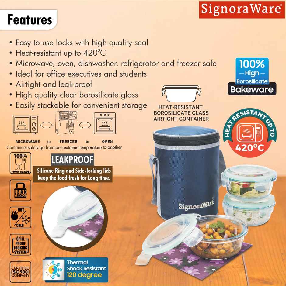 Signoraware Borosilicate Glass Lunch Box | Set of 3 | Clear | Glass Lunch Box Set