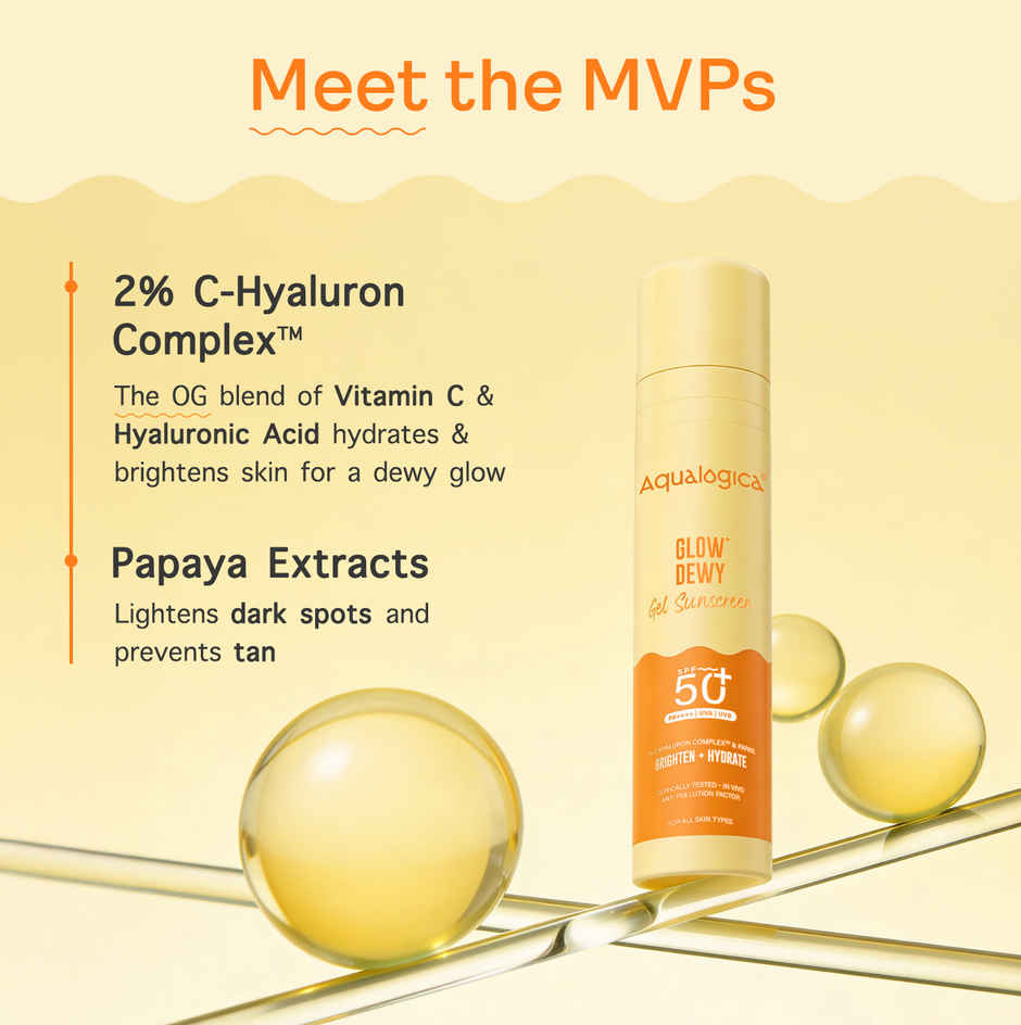 Aqualogica Glow+ Dewy Sunscreen SPF 50+ PA++++ with Anti Pollution Factor (APF) | Papaya & Vitamin C Combo
