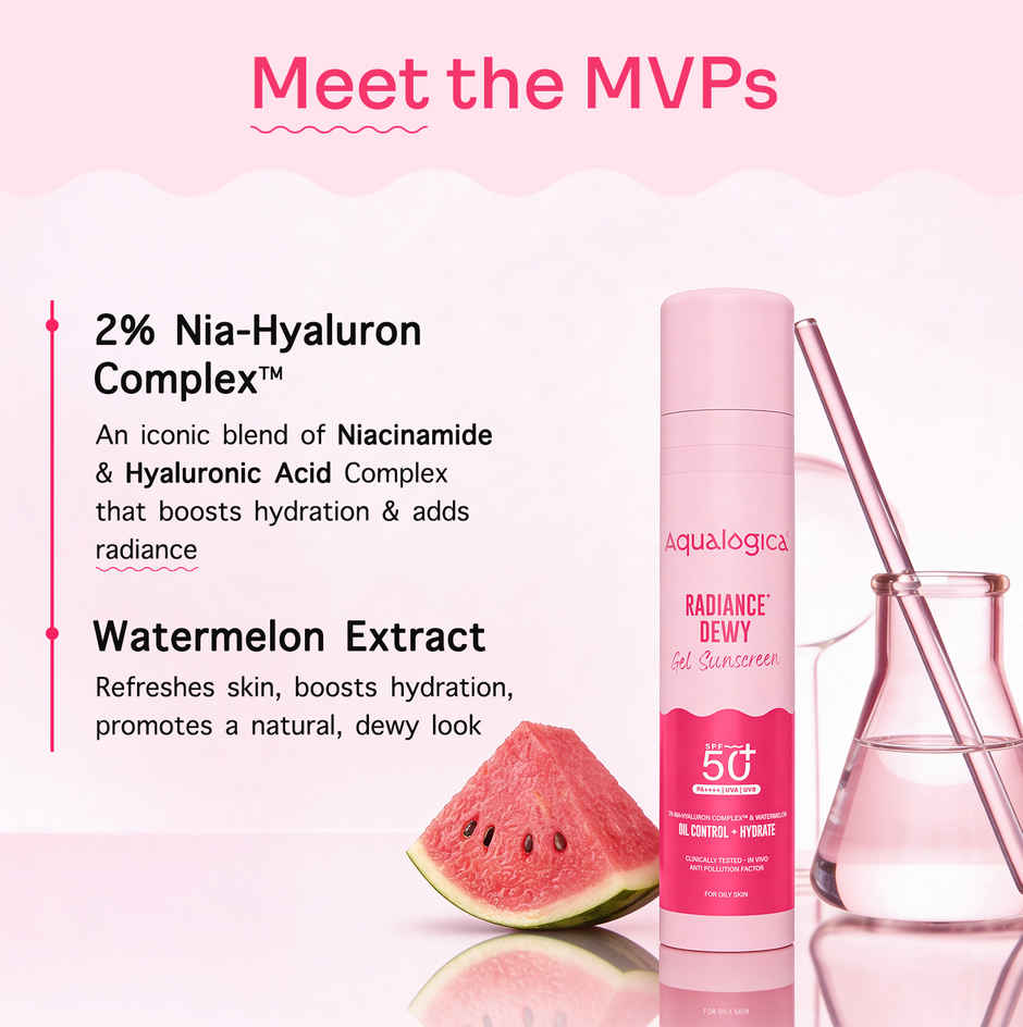 Aqualogica Radiance+ Dewy Sunscreen Gel with Watermelon & Niacinamide - SPF 50+ & PA+++ Combo