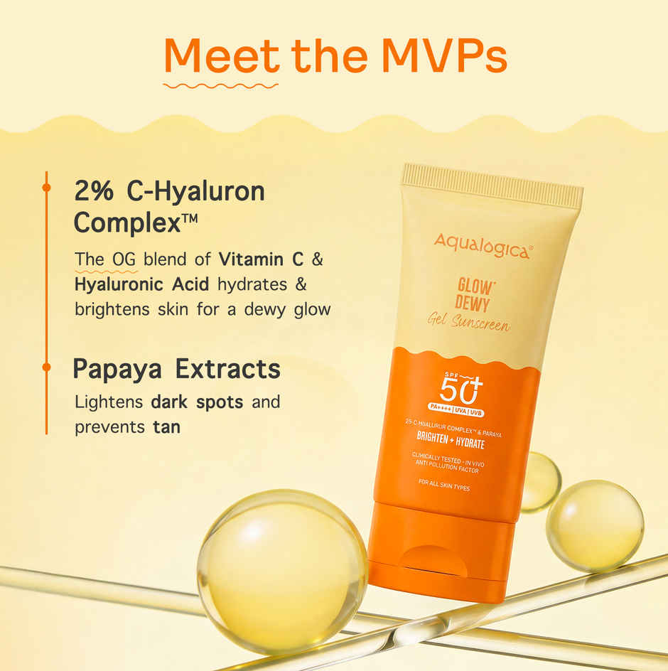 Aqualogica Glow+ Dewy Lightweigh Sunscreen Gel SPF 50+ PA++++ with Papaya & Vitamin C | Tested On GenZ