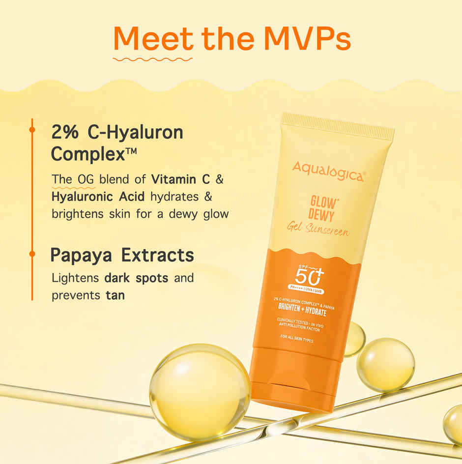Aqualogica Glow+ Dewy Sunscreen SPF 50+PA++++ with Anti Pollution Factor (APF) | Papaya & Vitamin C Combo