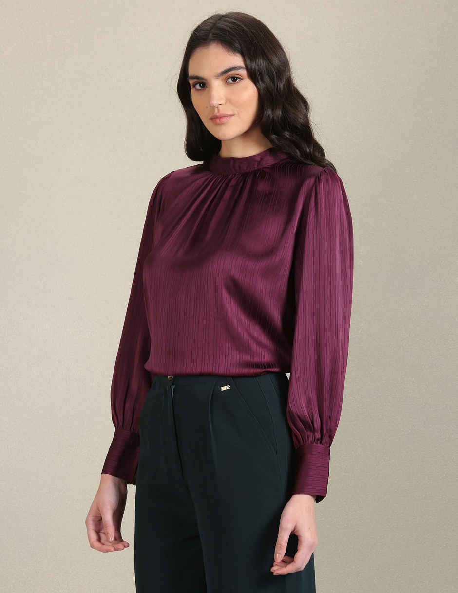 U.S. Polo Assn. Women's Christmas Tartan Check Spread Collar Top | Purple - S