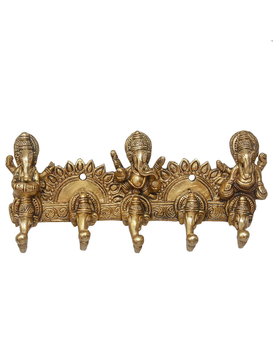 eCraftIndia Golden Brass Handcrafted Musician Lord Ganesha Key Holder With 5 Key Hooks For Wall