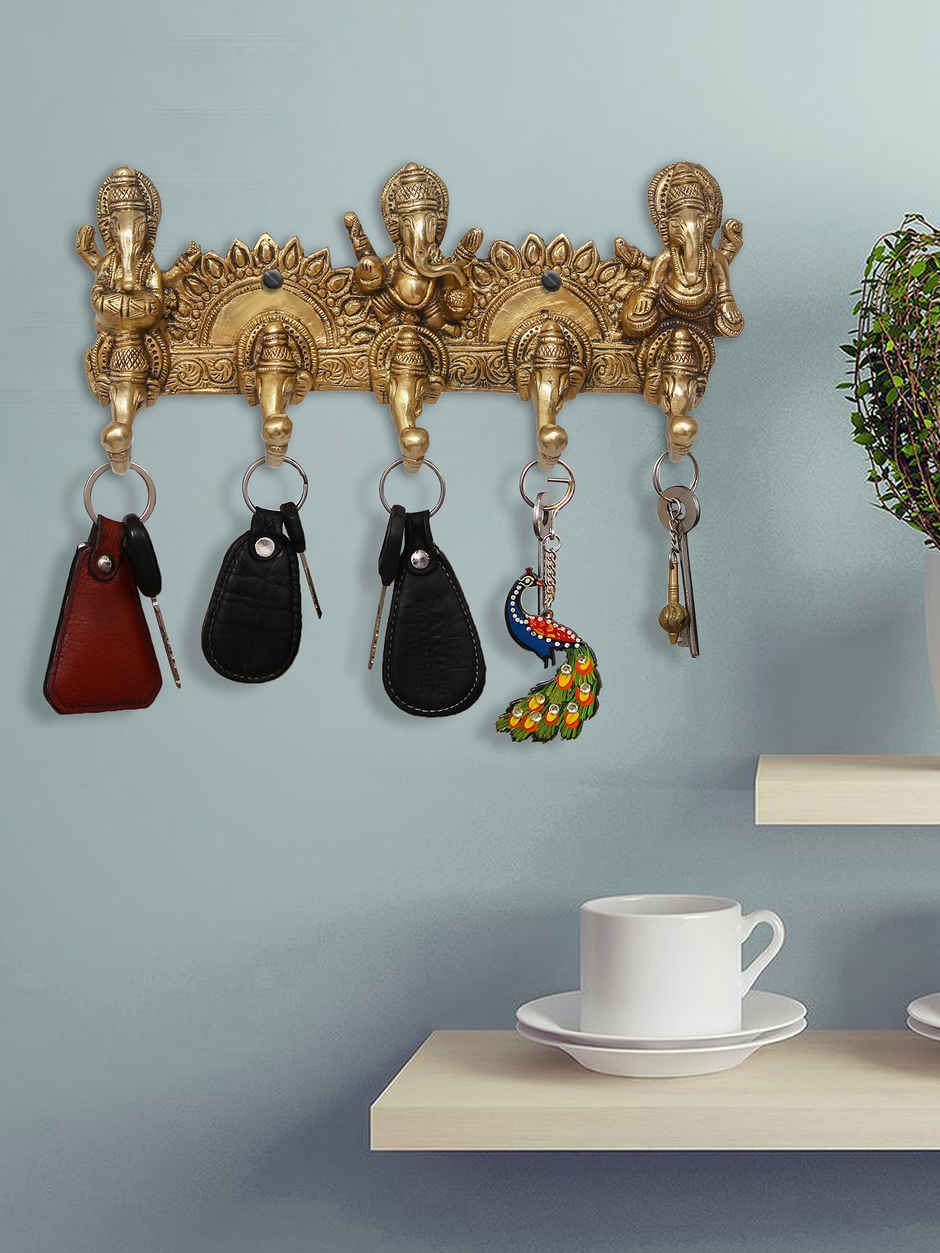 eCraftIndia Golden Brass Handcrafted Musician Lord Ganesha Key Holder With 5 Key Hooks For Wall