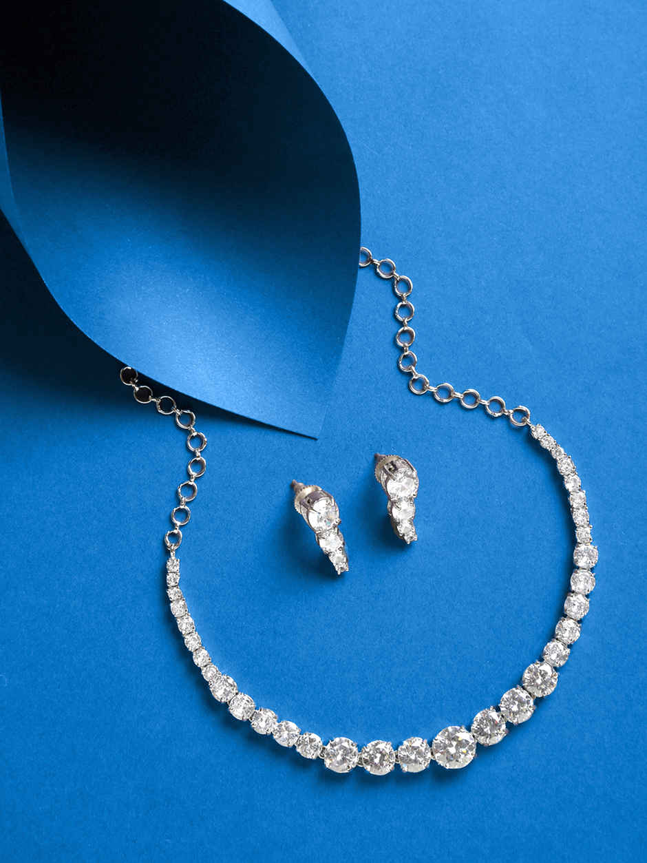 Yellow Chimes American Diamond Necklace Set White Stone Jewellery for Women