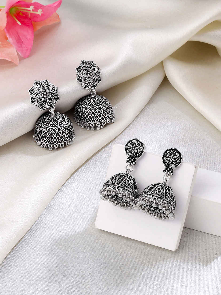 Yellow Chimes Traditional Silver Oxidized Jhumka Set for Women