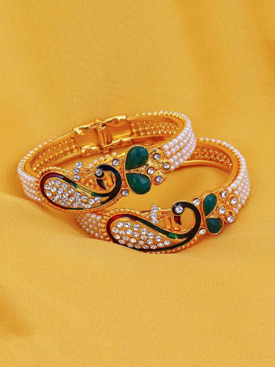 Sukkhi Glittery Pearl Gold Plated Peacock Meenakari Austrian Diamond Kada Combo For Women