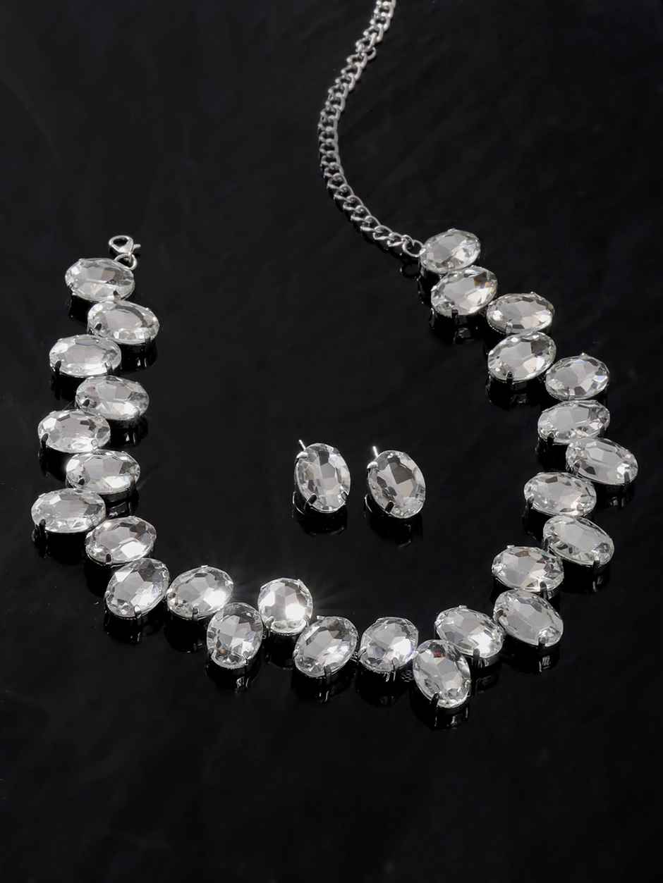 Yellow Chimes Silver Stone Necklace Set for Women | A5 Crystal Rhodium Plated Jewellery