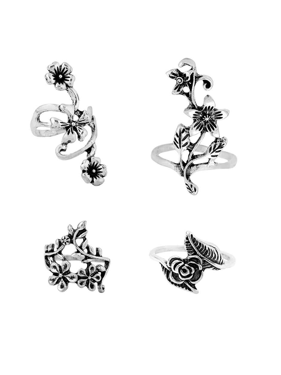 Yellow Chimes 4 Pcs Oxidised Ring Set for Women, Boho Vintage Floral Rings